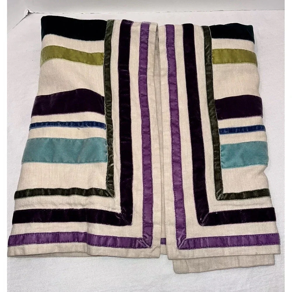PB Teen Luxe Ribbon Pillow Shams 2 Purple‎ Green Linen Striped Pottery Barn